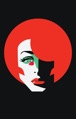 Vector stylish portrait of a woman with red lips on a black background 