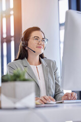 Woman, telemarketing and typing computer in call center office for customer service, crm support and consulting employee. Contact us, online communication and happy consultant agent working on pc