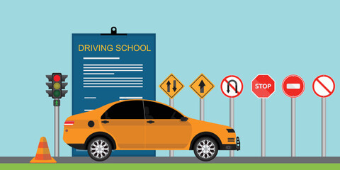 Driving School Banner with car and traffic sign.