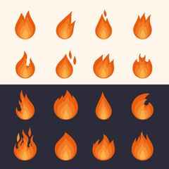 Fire flames, set of icon elements, simple shape pictograms