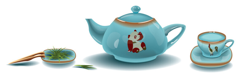 a vector illustration of a light blue tea set in Chinese style with teapot, tea cup and a plate with green tea and forceps for it, with cute drawings of panda bear and rooster.
