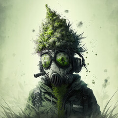 Weed bud head person in gas mask - cannabis illustration