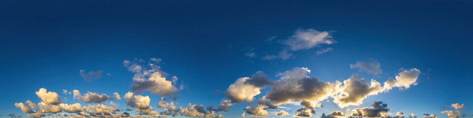 Dark blue sunset sky panorama with Cumulus clouds. Seamless hdr pano in spherical equirectangular format. Complete zenith for 3D visualization, game and sky replacement for aerial drone 360 panoramas.