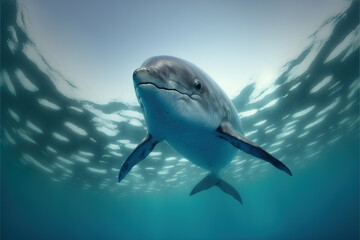 Surface dolphin. Dolphin look underwater. Generative AI illustration.