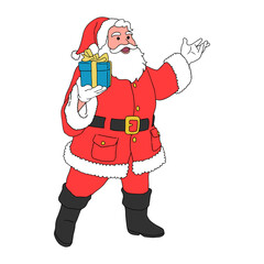 Vector cartoon illustration of cute traditional Santa Claus character holding a wrapped Christmas gift and showing copy space on christmas day