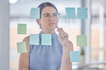 Planning, thinking and woman with workflow, strategy and scrum or agile for project management goals. Ideas, solution and problem solving person or business worker with sticky notes on a glass board