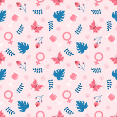 Women Day Seamless Pattern Design with Girl Ornament in Template Hand Drawn Cartoon Flat Illustration