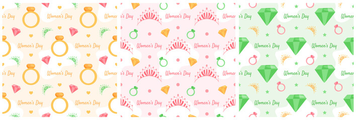 Set of Women Day Seamless Pattern Design with Girl Ornament in Template Hand Drawn Cartoon Flat Illustration