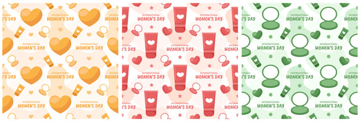 Set of Women Day Seamless Pattern Design with Girl Ornament in Template Hand Drawn Cartoon Flat Illustration