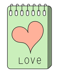 Notepad for love notes. On the cover is a pink heart and the inscription love. Closed Color vector illustration. Cartoon style. Personal diary for cute thoughts. Notebook on a spring. 