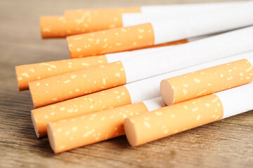 Cigarette, roll tobacco in paper with filter tube, No smoking concept.