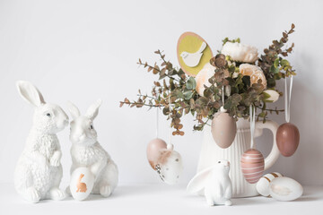 A beautiful postcard. Banner. The concept of a bright Easter holiday. Bouquet of flowers, white...