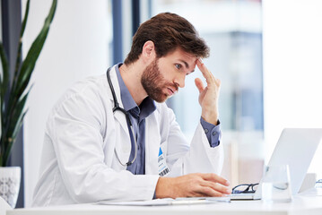 Headache, stress and anxiety of doctor on laptop reading hospital data, results and news fail,...