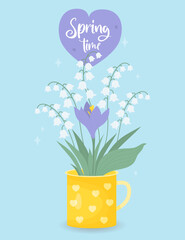 Bouquet spring flowers of lilies of the valley and purple crocus in cup. Spring time poster. Vector illustration for design, postcards, decor and decoration, print.