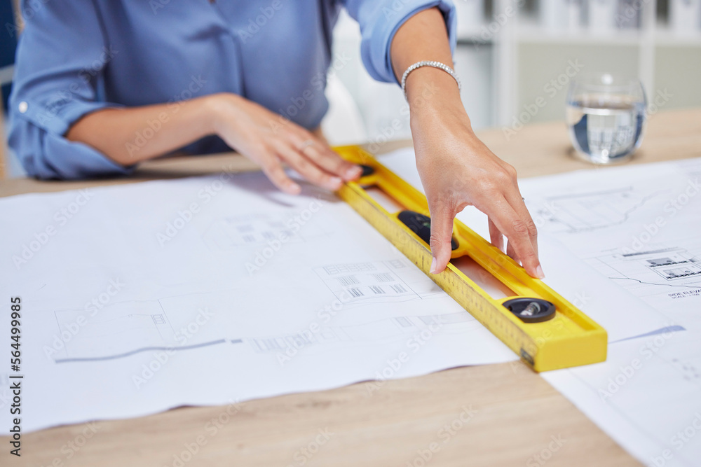 Aufkleber Architect, woman and blueprint with hands of an engineer drawing plan on paper for property development. Designer at her office desk for project management, building architecture and engineering