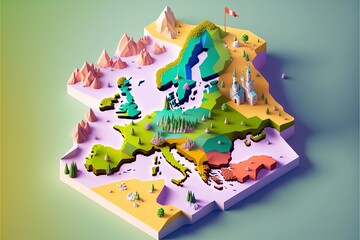 Map of Europe, pastel color, 3D render style, isometric view. Generative AI illustration.