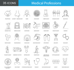 Medical Professions set of line icons in vector includes nephrologist and neonatologist, neurosurgeon and neurologist, urologist and anesthesiologist, sexologist and gastroenterologist.
