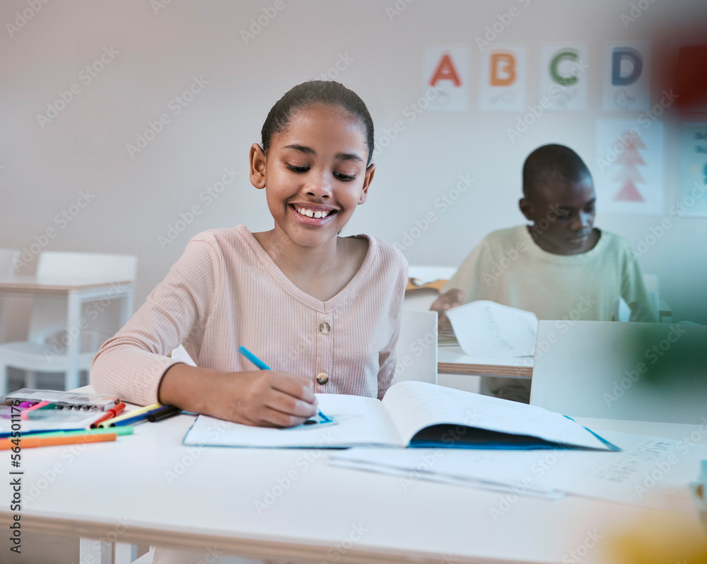 Poster education, smile and child in classroom learning reading, writing and math in montessori school in n