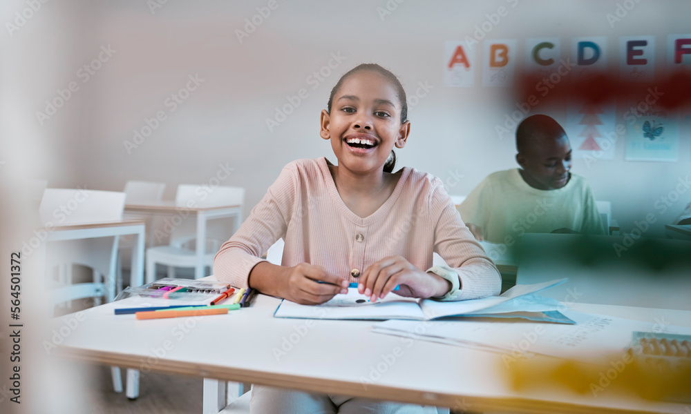 Aufkleber education, learning and portrait of child with smile in classroom for reading, writing and math in m