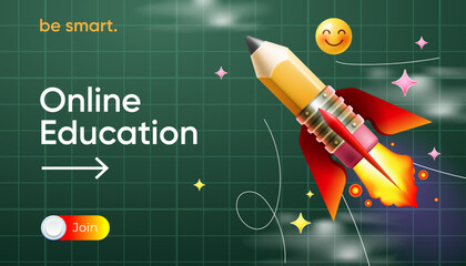 Online education, e-learning. Flying pencil rocket on green chalkboard with checkered pattern. Back to school web banner for start up concept, website and landing page