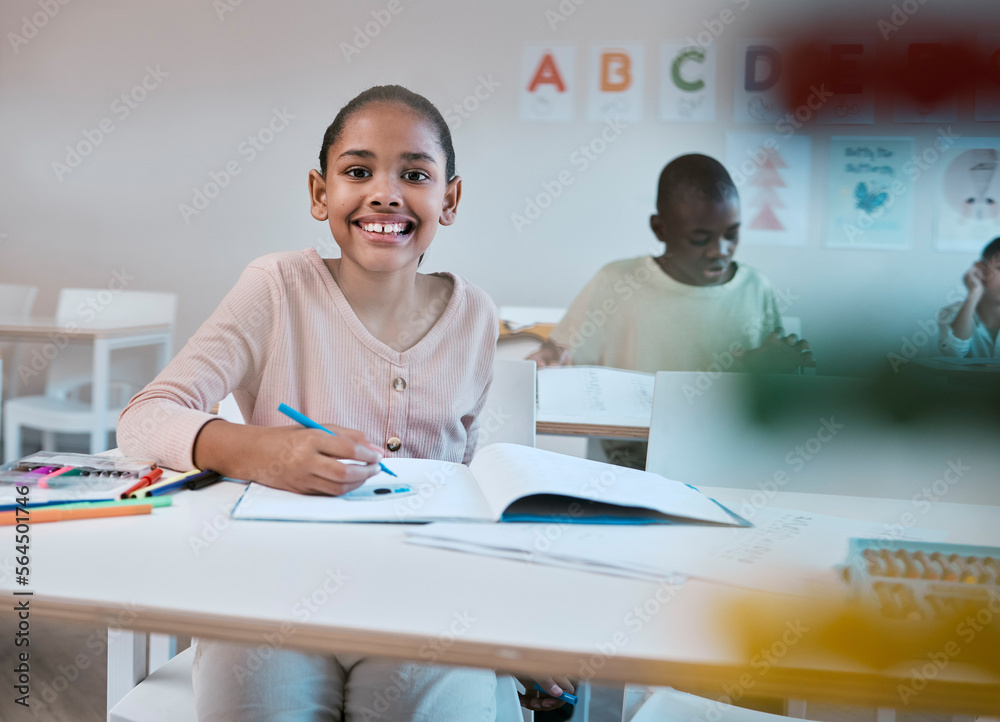 Aufkleber education, class and portrait of child with smile in classroom learning reading, writing and math in