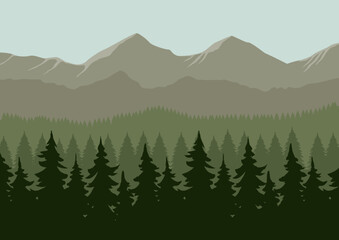 Fototapeta premium Mountain landscape with coniferous forest in flat style. Vector illustration.