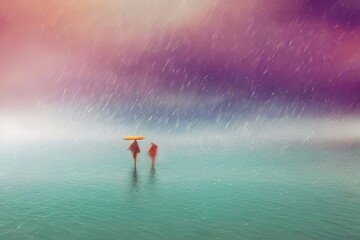 Silhouettes of two persons walking on a beach under the rain, generative ai illustration, very soft pastel colors