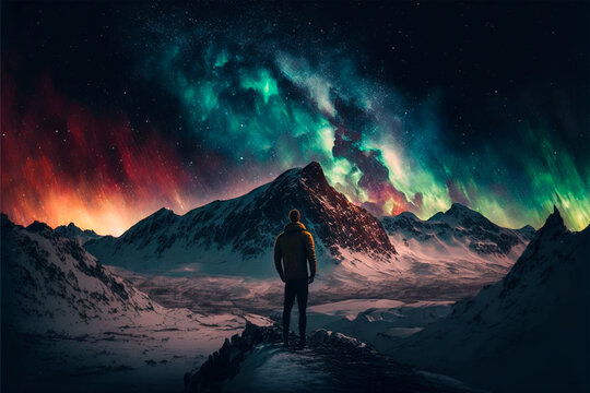 This illustration showing a man with his back to the viewer standing on the horizon in front of a mountain and a starry sky with northern lights. Created with Generative AI technology.