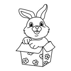 Funny rabbit sitting in box gift cartoon characters vector illustration. For kids coloring book.