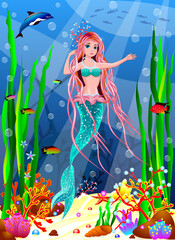 Fototapeta na wymiar Mermaid among the inhabitants of the underwater world. Mermaid underwater against the backdrop of marine plants, corals, and pearls. Near beautiful fish and dolphins