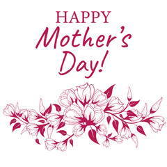 Floral greeting, card with Mother's Day, Women's Day. Hand drawn flowers, branches and buds