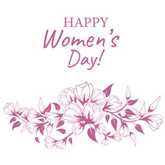 Floral greeting, card with Mother's Day, Women's Day. Hand drawn flowers, branches and buds