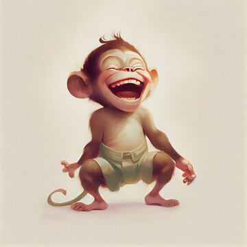 Cartoon. Cute baby monkey laughing and having fun. Generative ai	