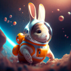 Funny Rabbit wear space suit floating in the space generative ai illustration