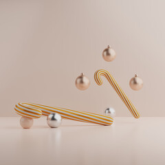 3d rendering. Christmas baubles with gold stripes on pastel background.  Candy cane and balls .