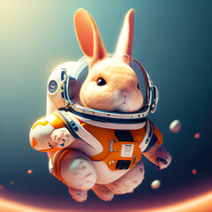 Funny Rabbit wear space suit floating in the space generative ai illustration - obrazy, fototapety, plakaty