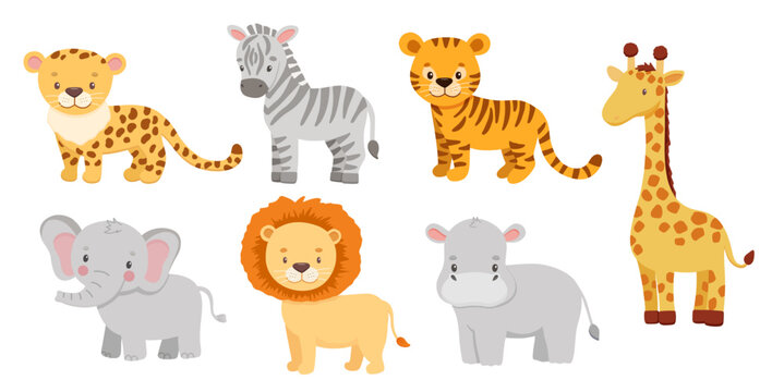 Cute elephant, tiger, lion, zebra and hippo in cartoon style. Drawing african baby wild animals isolated on white background. Jungle safari animals set