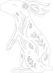 Rabbit, Bunny in White and Black. Сontour,  Line Art  Coloring page. Isolated PNG illustration with floral print. Easter symbol. Looks to left