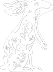 Rabbit, Bunny in White and Black. Сontour,  Line Art Coloring page. Isolated PNG illustration with floral print. Easter symbol. Looks to right