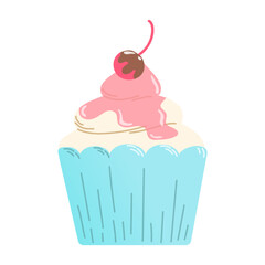 Hand drawn cupcake with cherry in flat style. Valentines day vector illustration.