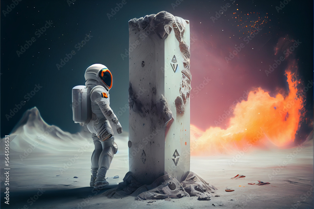 Poster Beautiful abstract illustrations Astronaut and start symbol icon on a column background.  Space exploration.