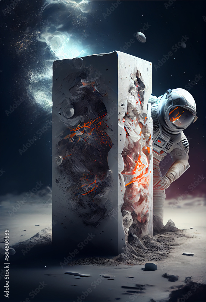 Poster beautiful abstract illustrations astronaut and start symbol icon on a column background. space explo