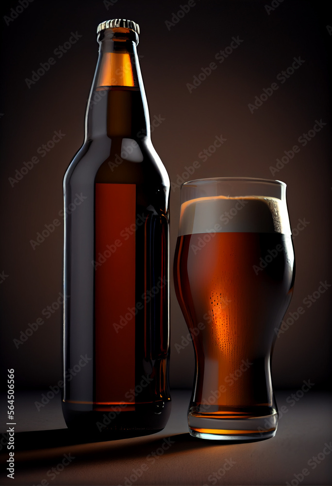 Poster glass of beerand brown bottle on a dark background behaid.