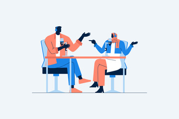 An illustration of a man and a woman chatting on a podcast
