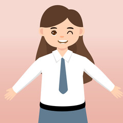 

Cute Senior High School Boy Girl Wearing Gray and White Uniform Cartoon Vector Illustration. Portrait of an Senior High School student. School students children with backpacks, books, macbook.