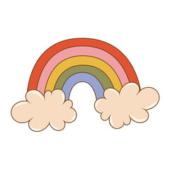 Trendy cartoon rainbow and clouds in retro style. Valentines day concept. 60s 70s aesthetics vintage vector illustration.