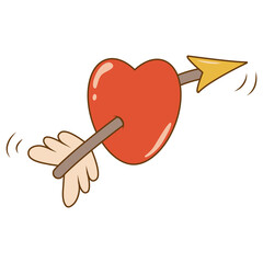 Trendy cartoon groovy heart with arrow in retro style. Valentines day concept. 60s 70s aesthetics vintage vector illustration.