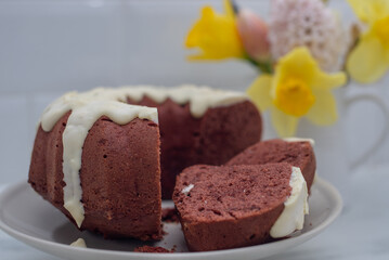 Freshly baked red velvet bundt cake