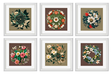 Set of vector illustrations of floral compositions in vintage style. Collection of flowers isolated in frames.