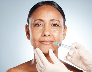 Injection, lip filler and portrait of woman face for plastic surgery, cosmetics and beauty implant....